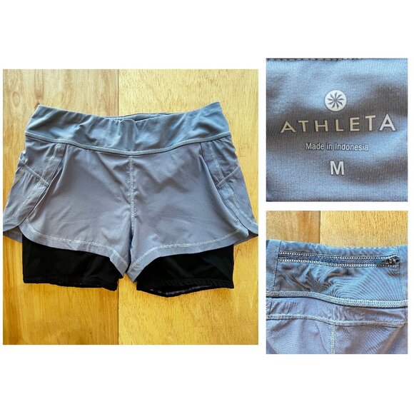 ATHLETA Women’s Gray Black Lined Layered Running Workout Shorts sz M - Picture 1 of 13